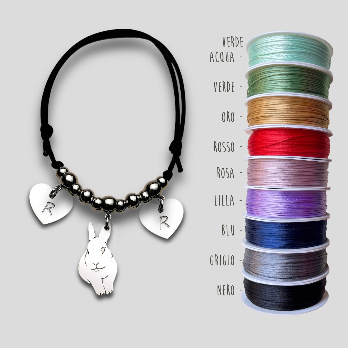 Bracciale Coniglio e ciondolo cuore con iniziale incisa, Bracciale coniglietto, bracciale coniglio - ContrariaBijoux