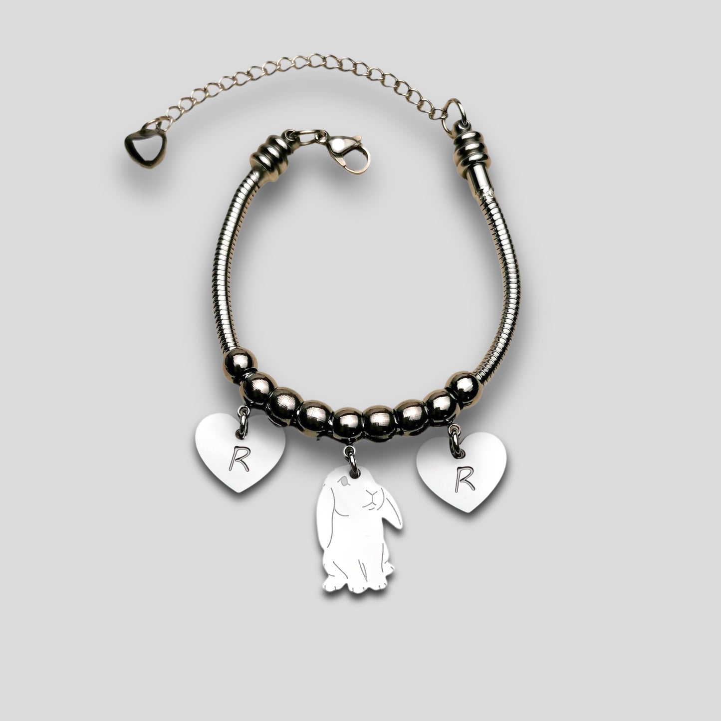 Bracciale Coniglio Ariete e ciondolo cuore con iniziale incisa, bracciale ciondolo coniglio ariete - ContrariaBijoux