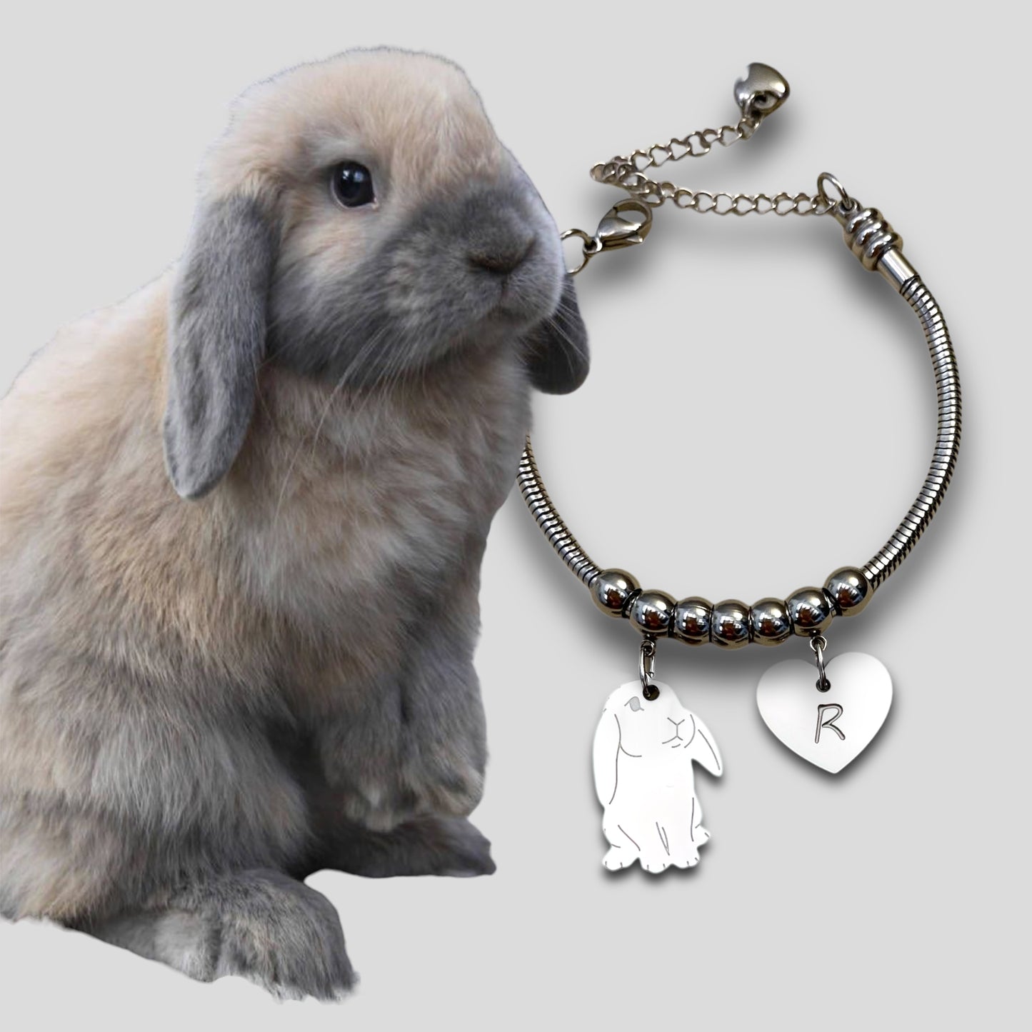 Bracciale Coniglio Ariete e ciondolo cuore con iniziale incisa, bracciale ciondolo coniglio ariete - ContrariaBijoux