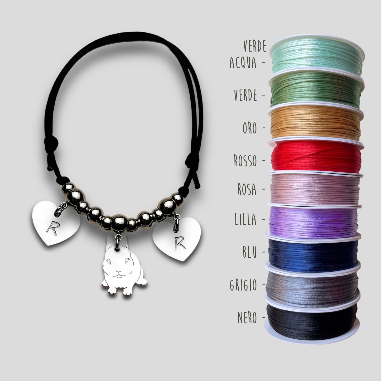 Bracciale ciondolo coniglio e cuore con iniziale incisa, Bracciale con coniglio nano - ContrariaBijoux