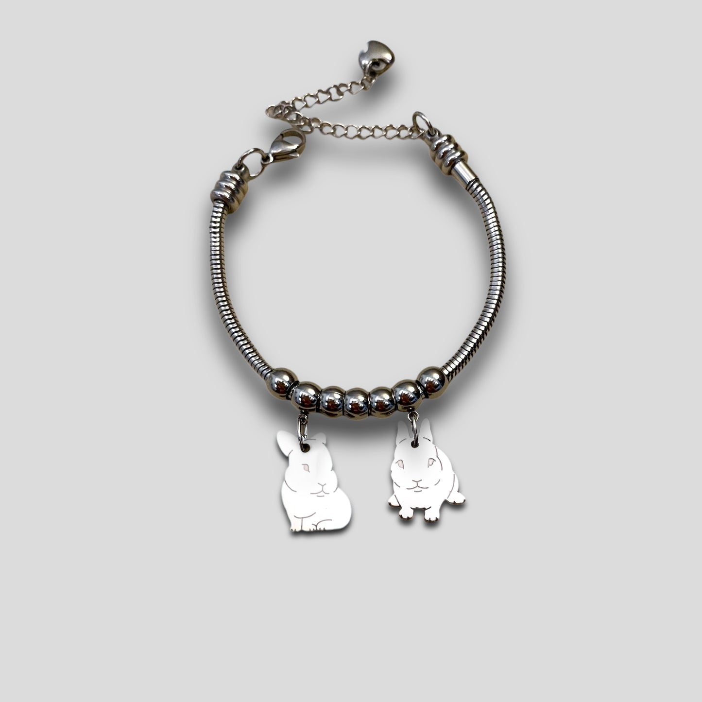 Bracciale Coniglietto e ciondolo cuore con iniziale incisa, ciondolo coniglietto - ContrariaBijoux