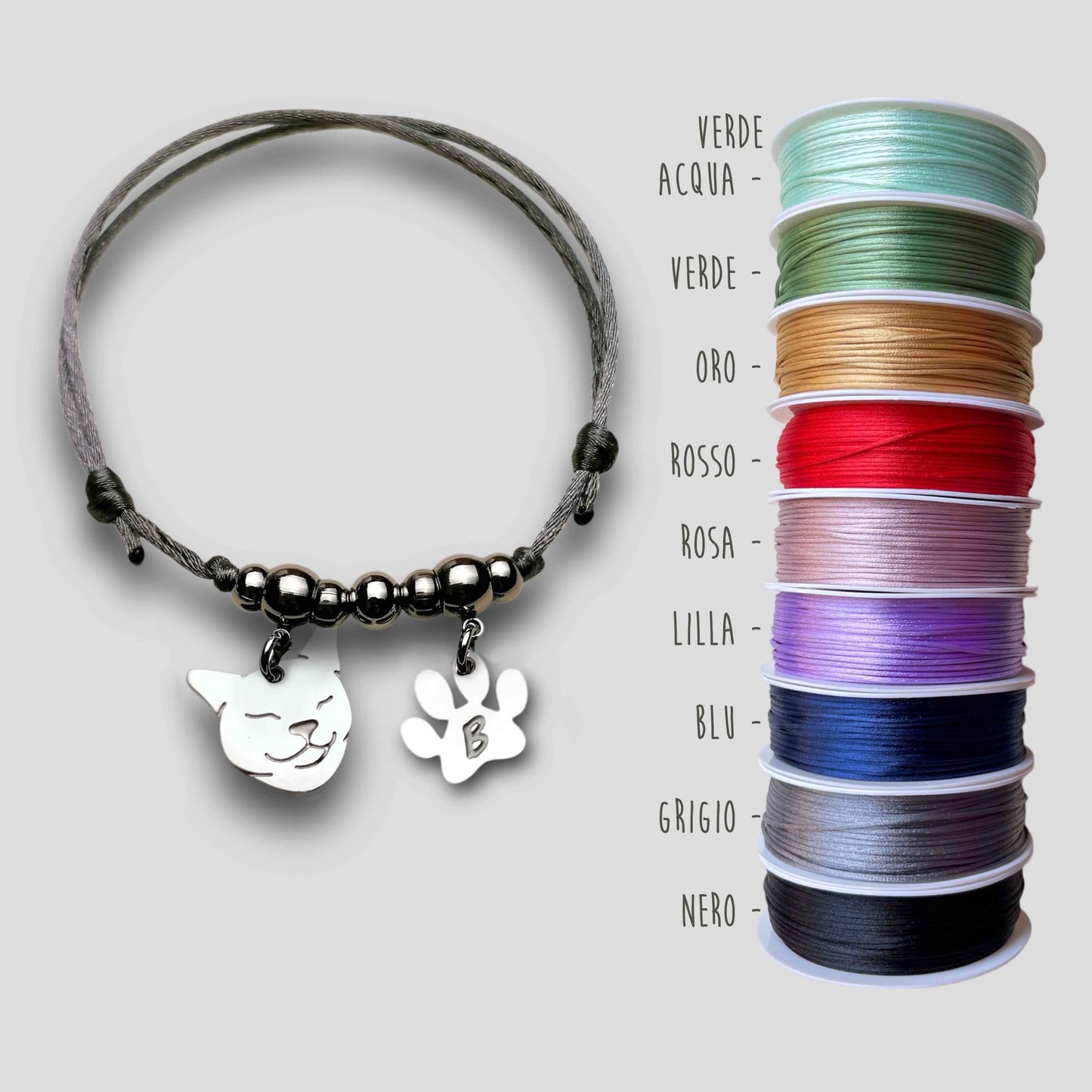 Bracciale Gatto e zampa con iniziale incisa, Bracciale snake con muso del gatto, ciondolo gatto