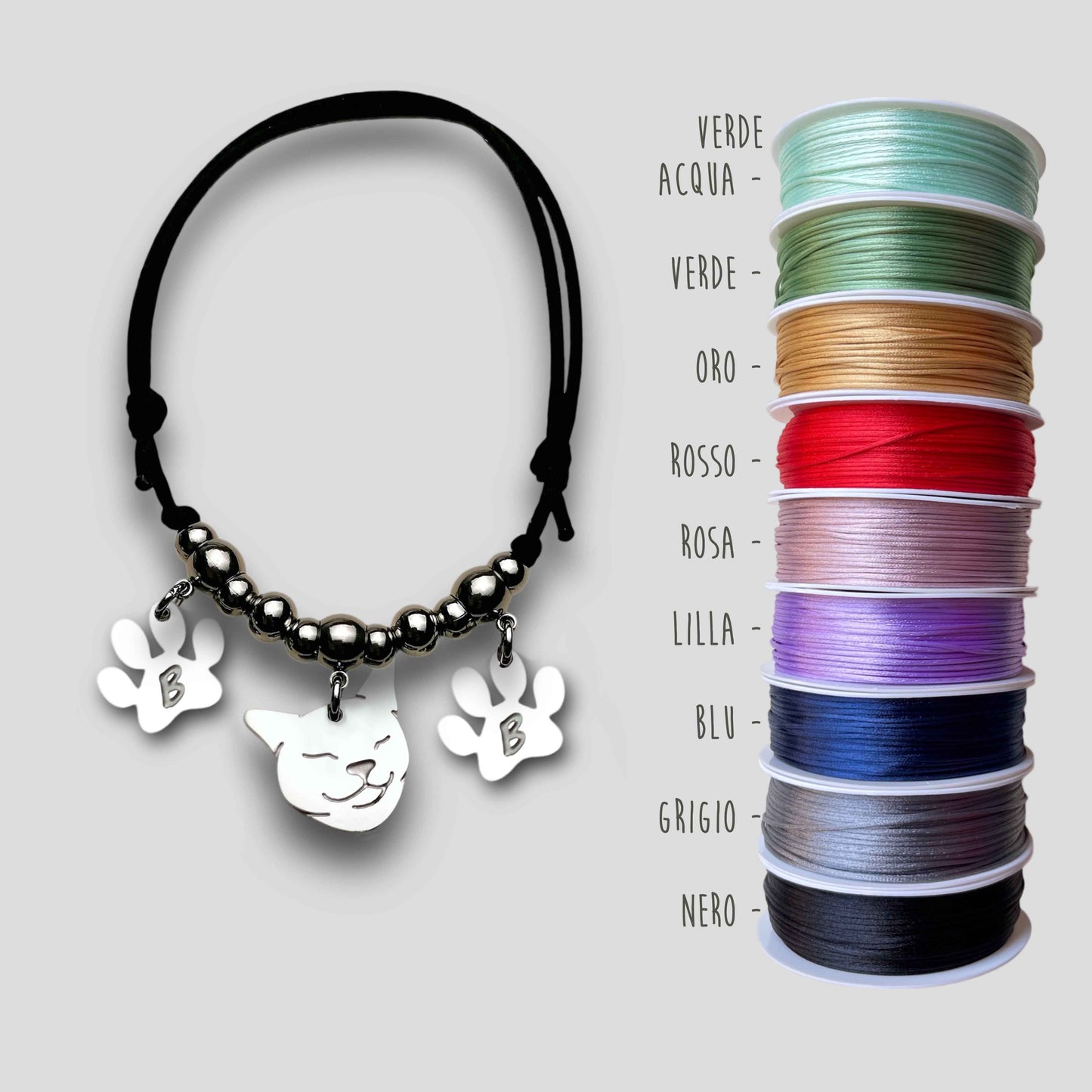 Bracciale Gatto e zampa con iniziale incisa, Bracciale snake con muso del gatto, ciondolo gatto