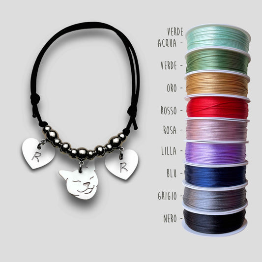 Bracciale Gatto e zampa con iniziale incisa, Bracciale snake con muso del gatto, ciondolo gatto