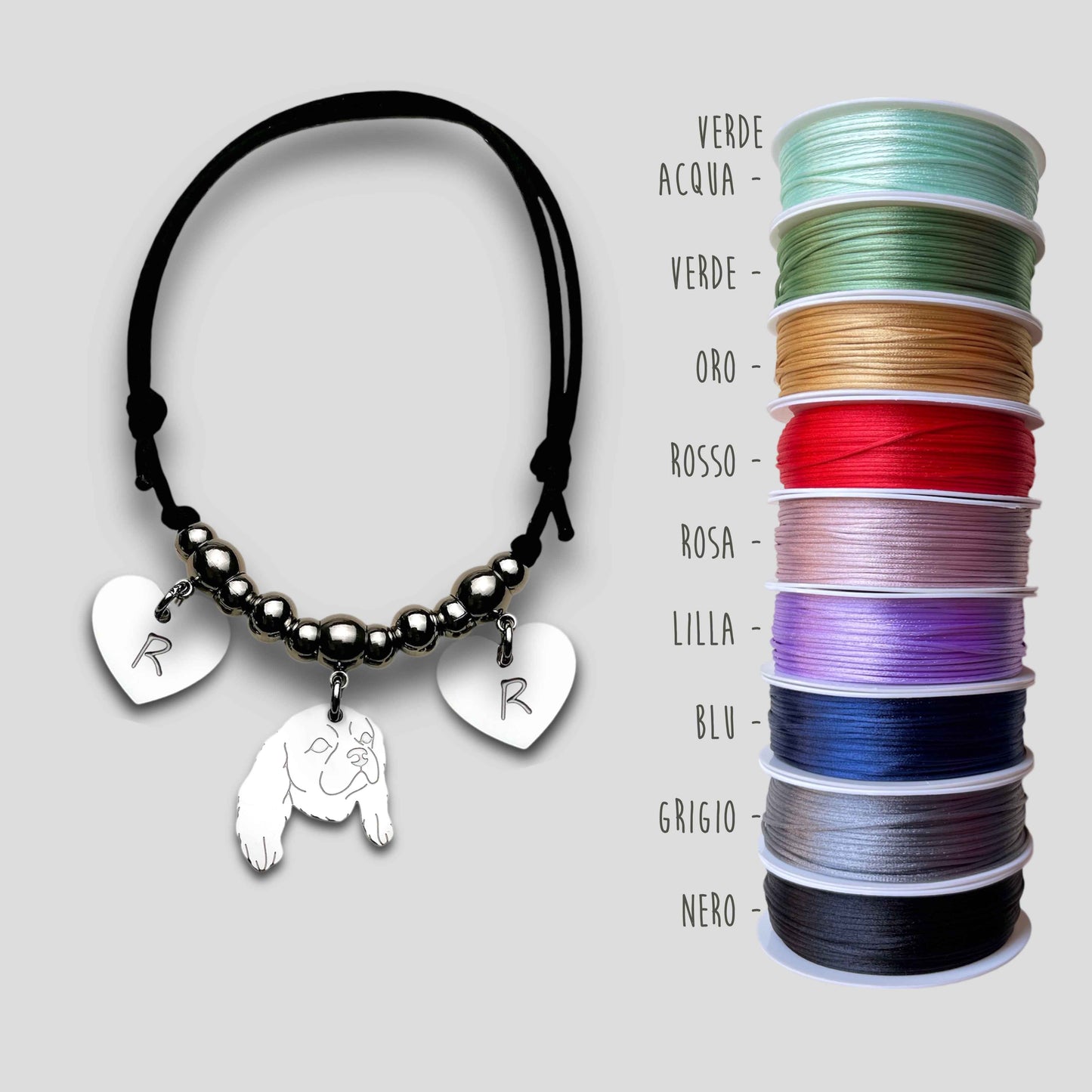 Bracciale Cane Cavalier King e zampa con iniziale incisa, Bracciale cane Cavalier King, Ciondolo cavalier king