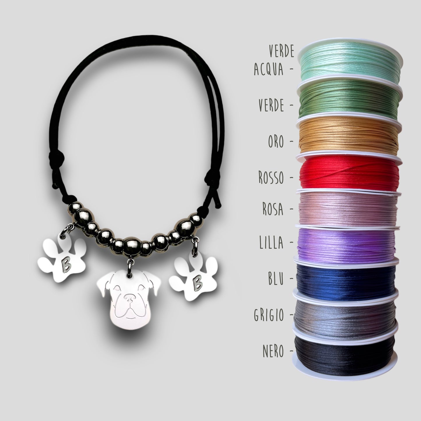 Bracciale cane Boxer e zampa con iniziale incisa, Bracciale ciondolo boxer - ContrariaBijoux