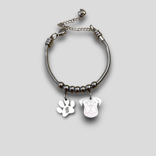 Bracciale cane Boxer e zampa con iniziale incisa, Bracciale ciondolo boxer - ContrariaBijoux