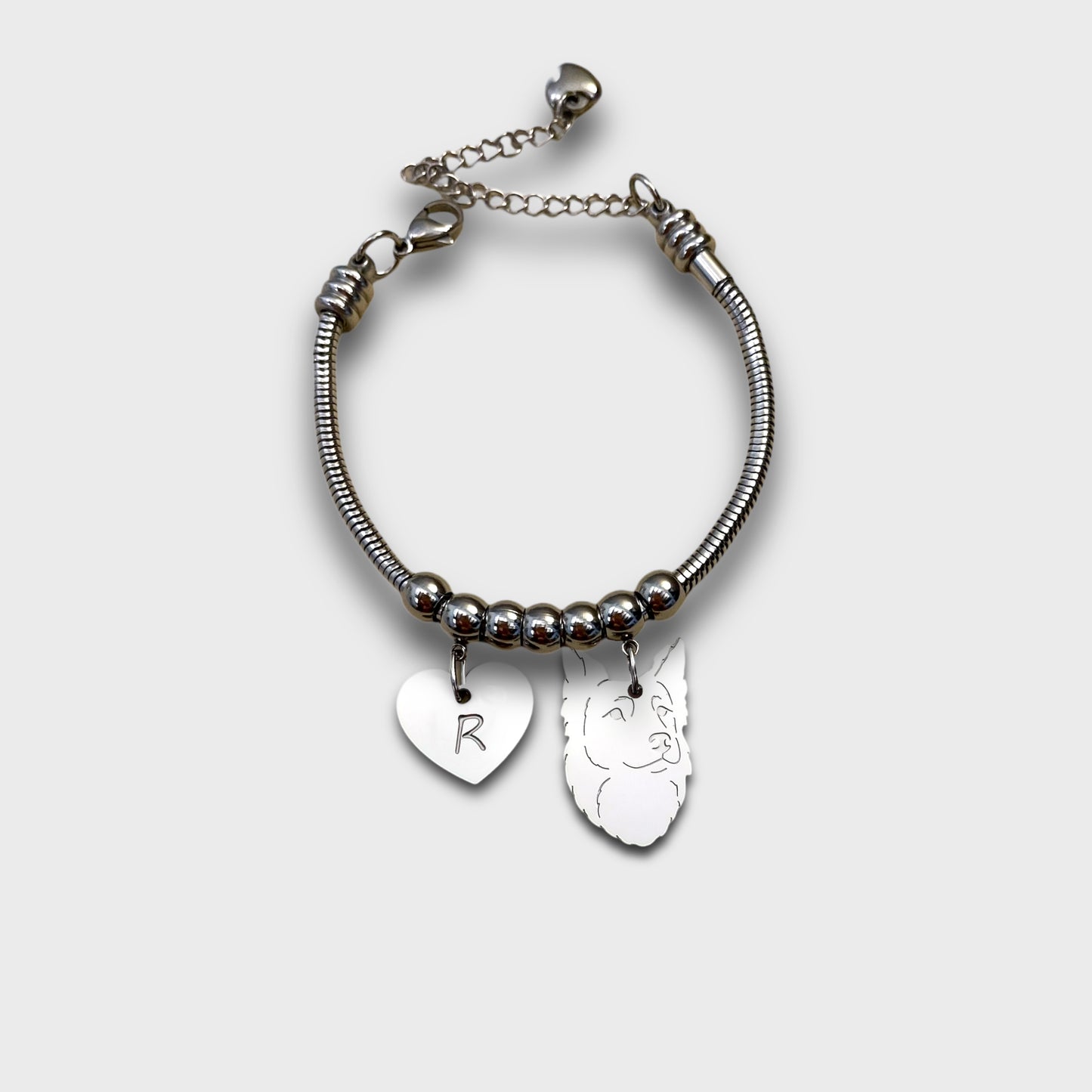 Bracciale Lupo Cecoslovacco e zampa con iniziale, ciondolo Lupo Cecoslovacco - ContrariaBijoux