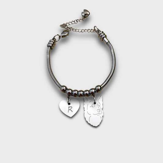 Bracciale cane Border Collie e zampa con iniziale incisa , ciondolo Border Collie - ContrariaBijoux