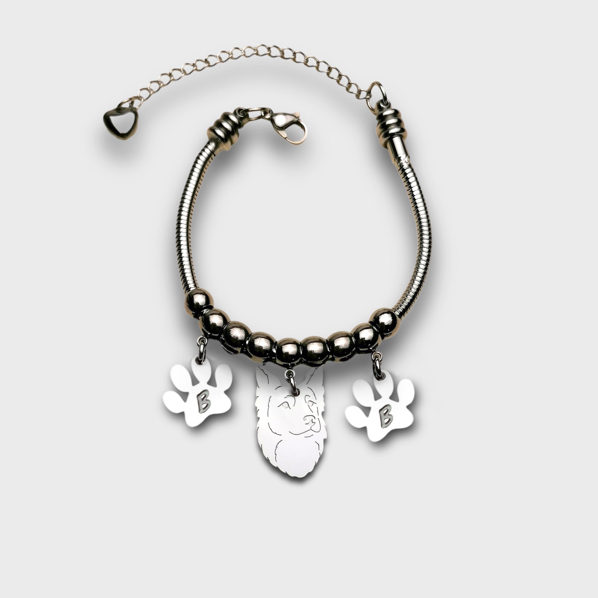 Bracciale Lupo Cecoslovacco e zampa con iniziale, ciondolo Lupo Cecoslovacco - ContrariaBijoux