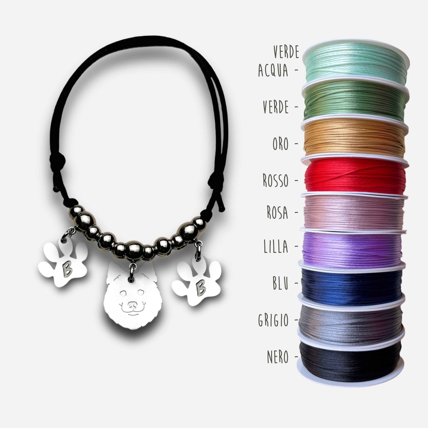 Bracciale cane Volpino di Pomerania e zampa con iniziale incisa, cane Pomerania ciondolo, bracciale pomerania