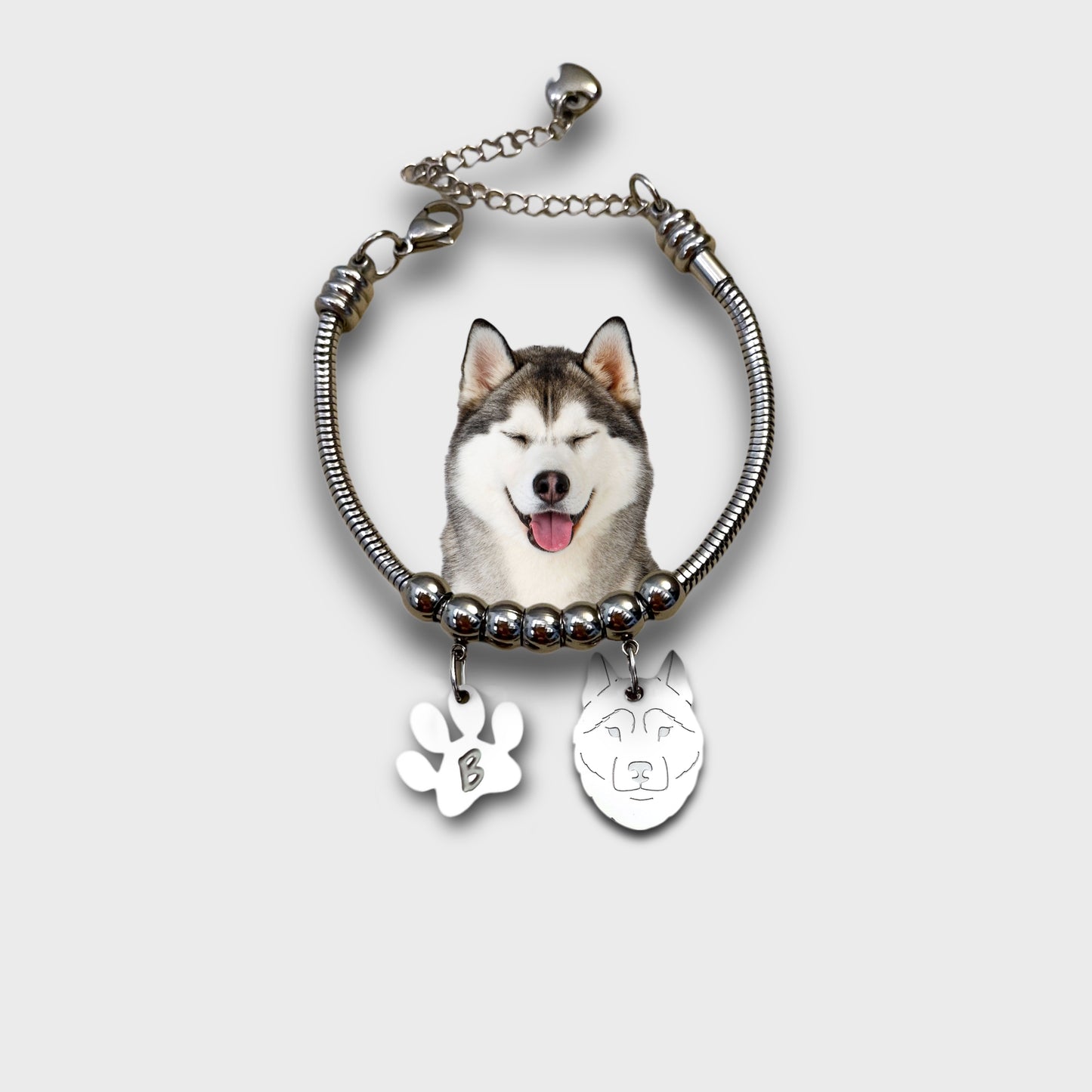 Bracciale Cane Husky e zampa con iniziale incisa - ContrariaBijoux
