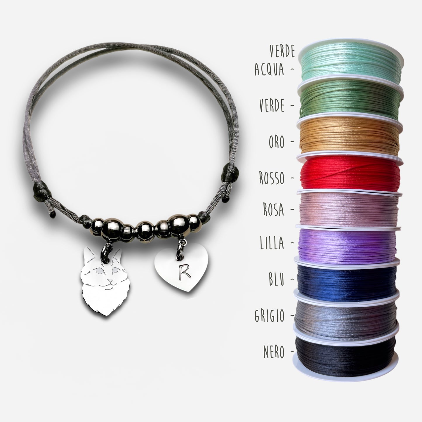 Bracciale Gatto Maine coon e zampa con iniziale incisa, ciondolo Maine Coon, Bracciale Maine Coon - ContrariaBijoux