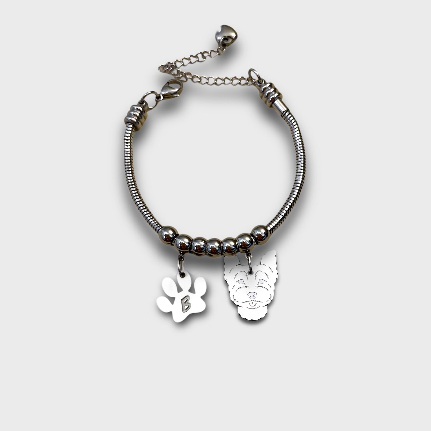 Bracciale cane Yorkshire e zampa con iniziale incisa, bracciale acciaio ciondolo Yorkshire - ContrariaBijoux