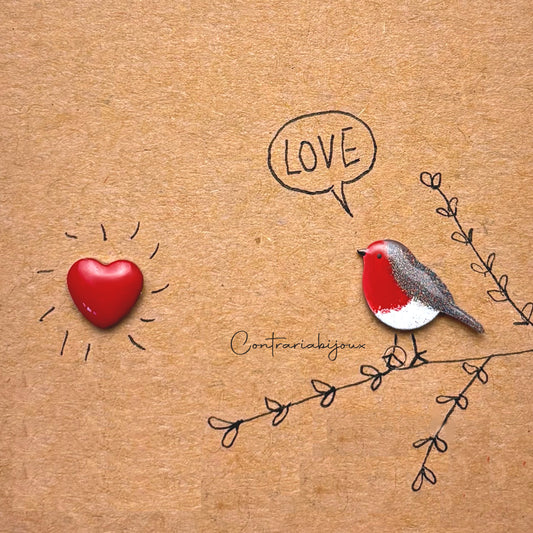 Orecchini pettirosso e cuore - Orecchini uccellini in stile unico - ContrariaBijoux