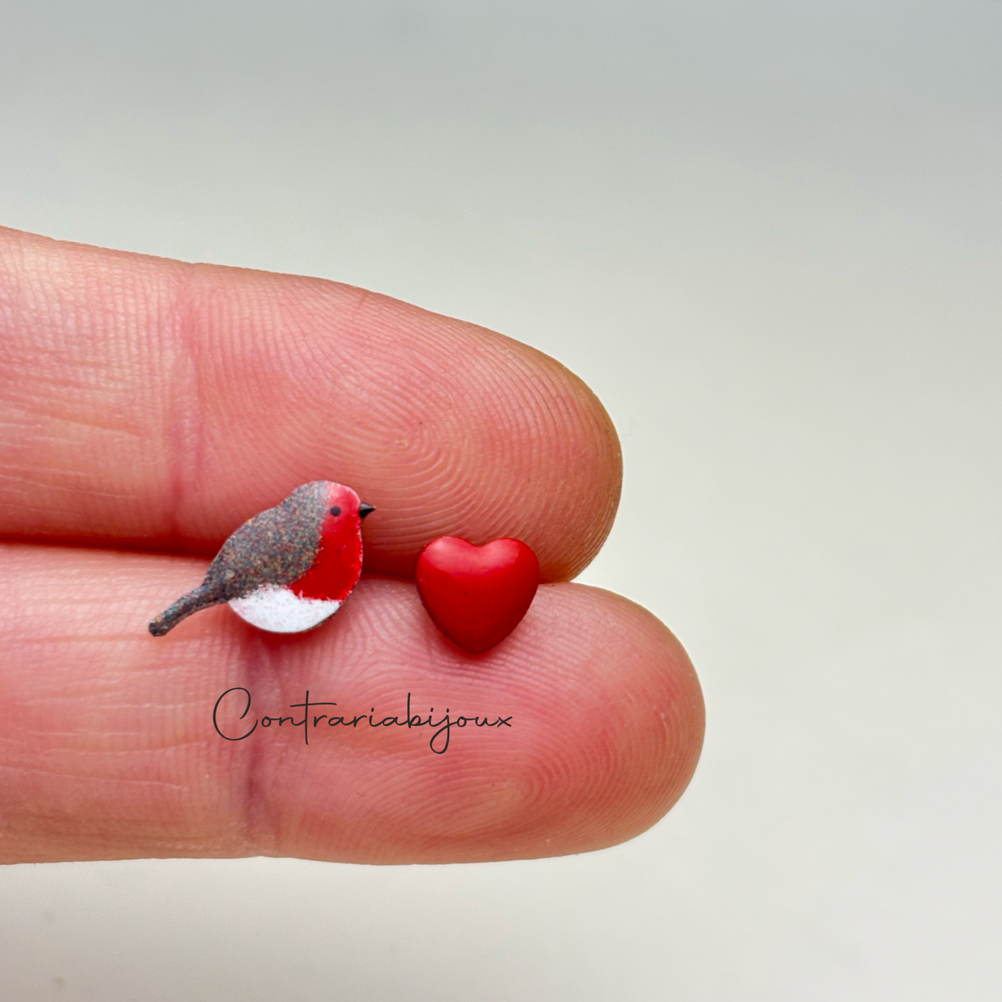 Orecchini pettirosso e cuore - Orecchini uccellini in stile unico - ContrariaBijoux
