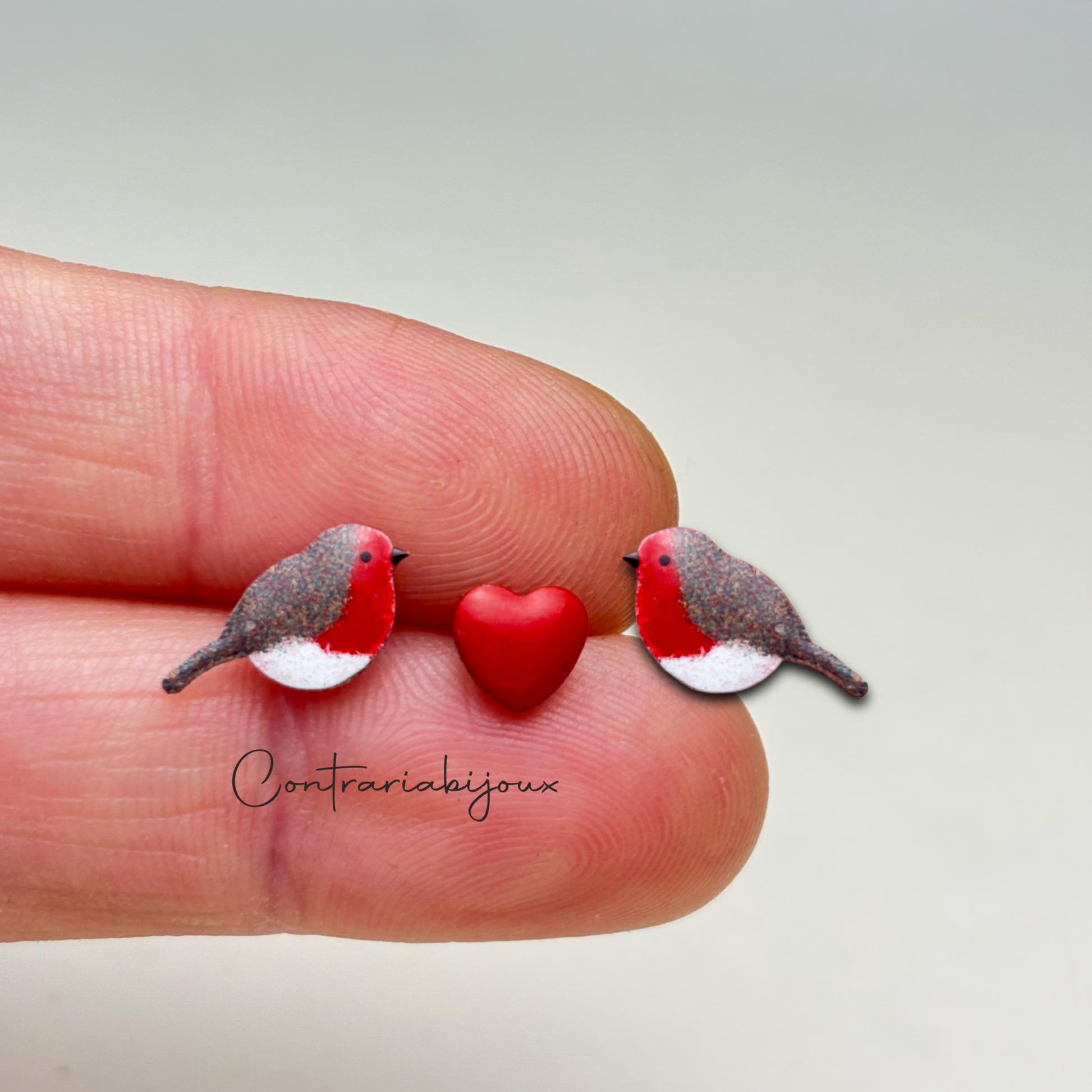 Orecchini pettirosso coppia e cuore / Orecchini uccellini - ContrariaBijoux