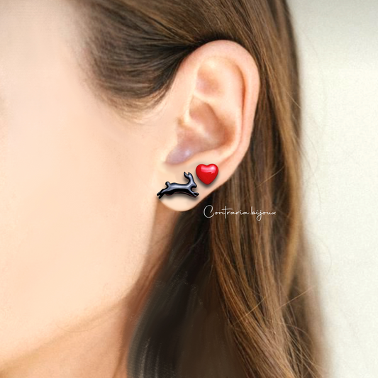 Orecchini Coniglio nero e cuore , orecchino a forma di coniglietto - ContrariaBijoux