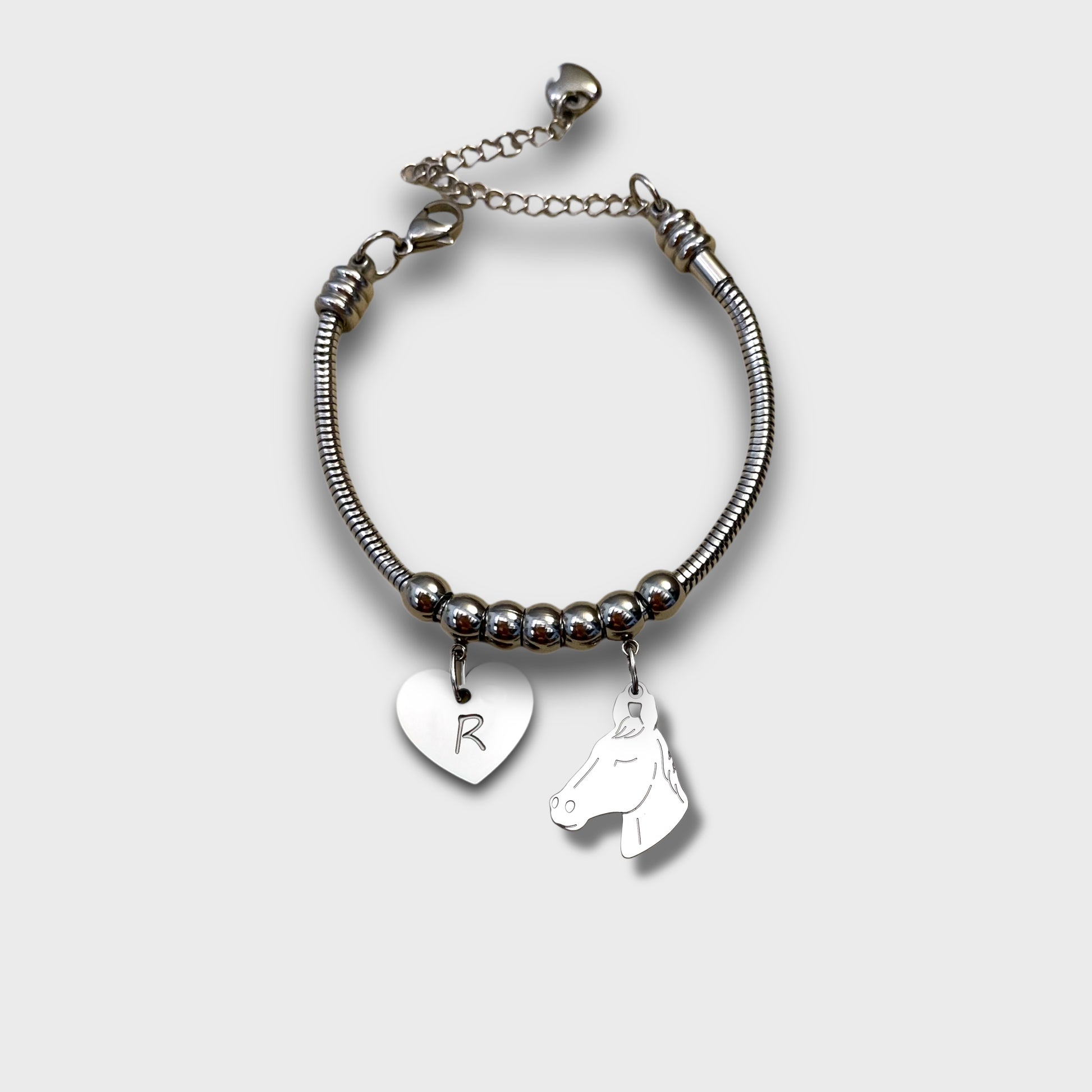 Bracciale Cavallo muso, bracciale cavallo personalizzato e cuore con iniziale incisa - ContrariaBijoux