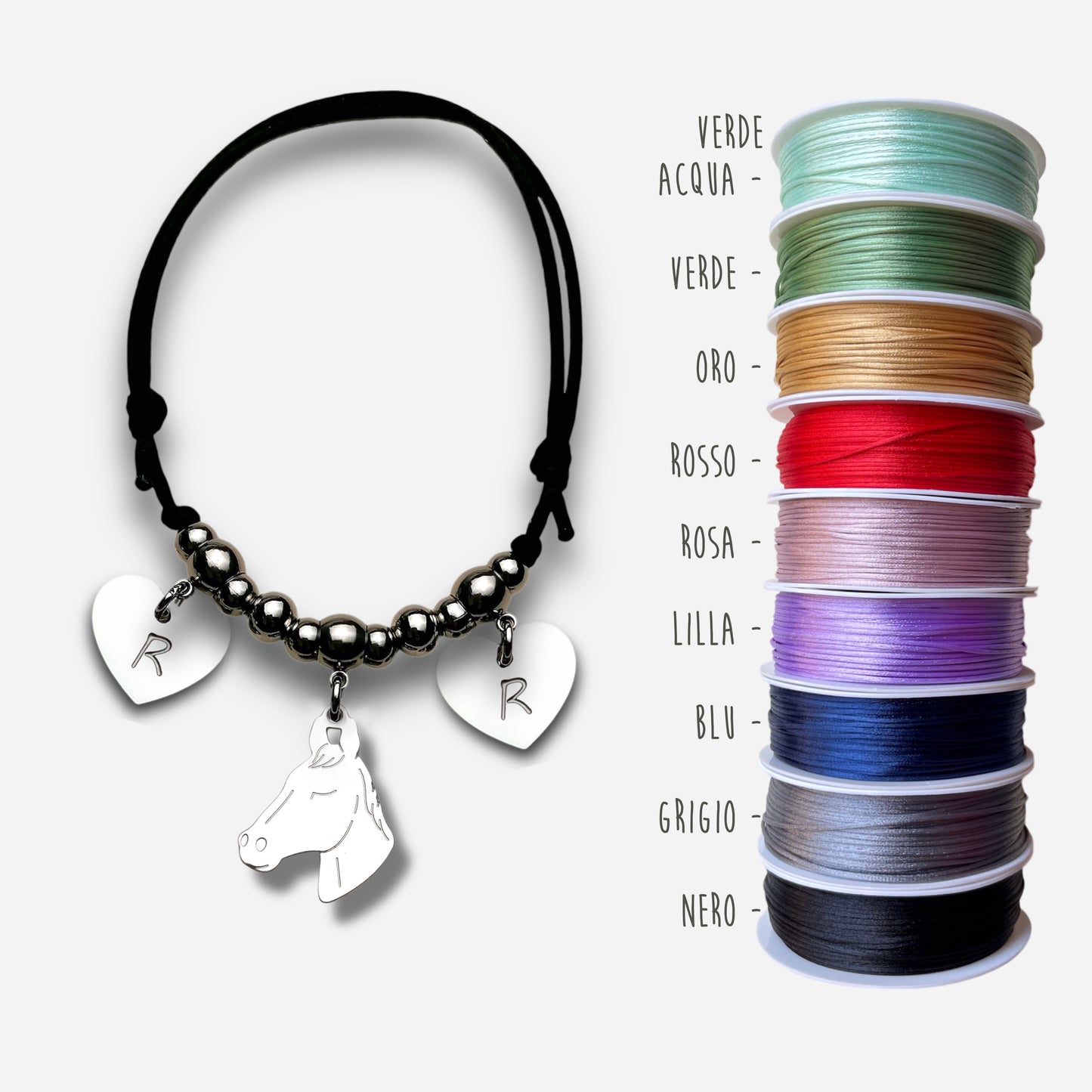 Bracciale Cavallo muso, bracciale cavallo personalizzato e cuore con iniziale incisa - ContrariaBijoux