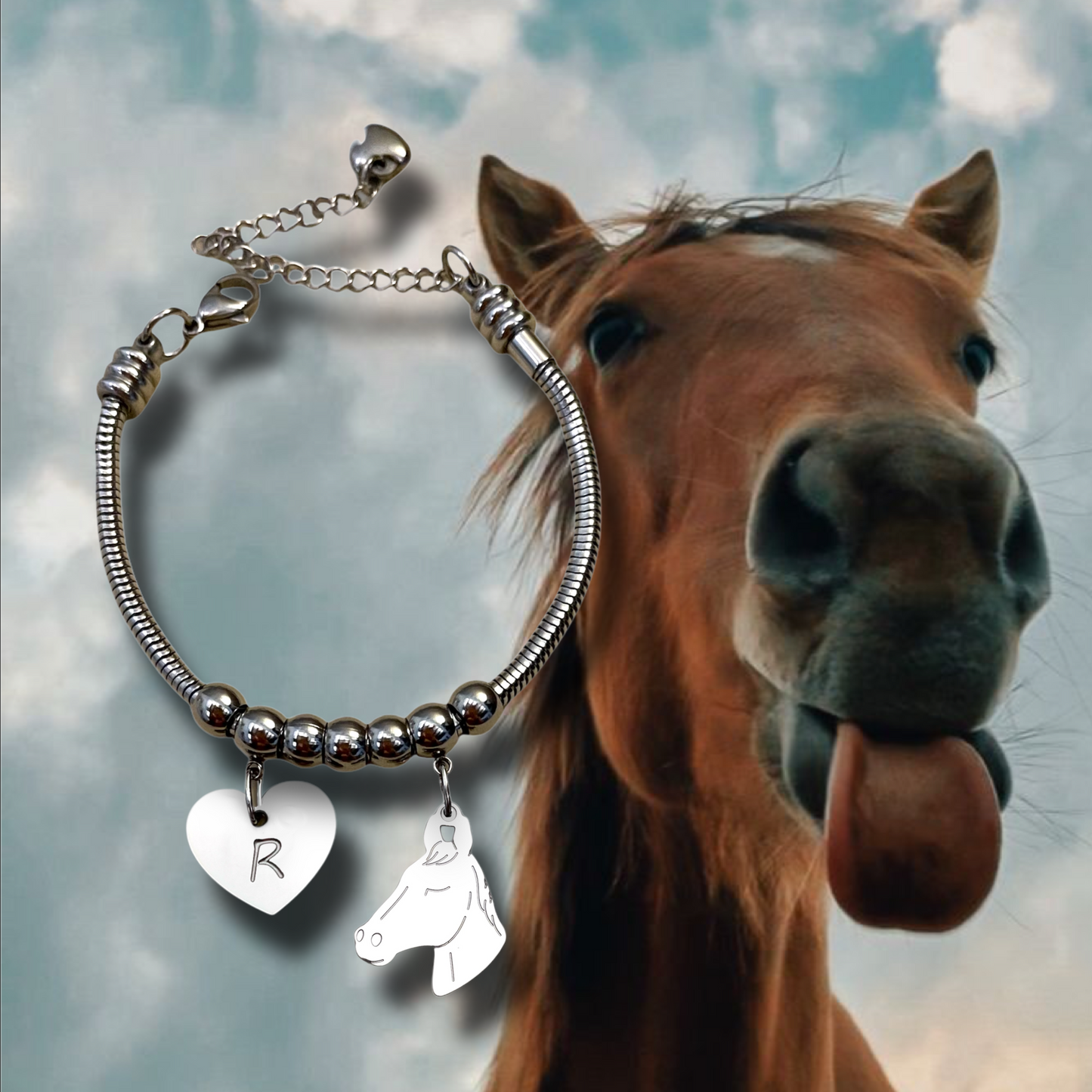 Bracciale Cavallo muso, bracciale cavallo personalizzato e cuore con iniziale incisa - ContrariaBijoux