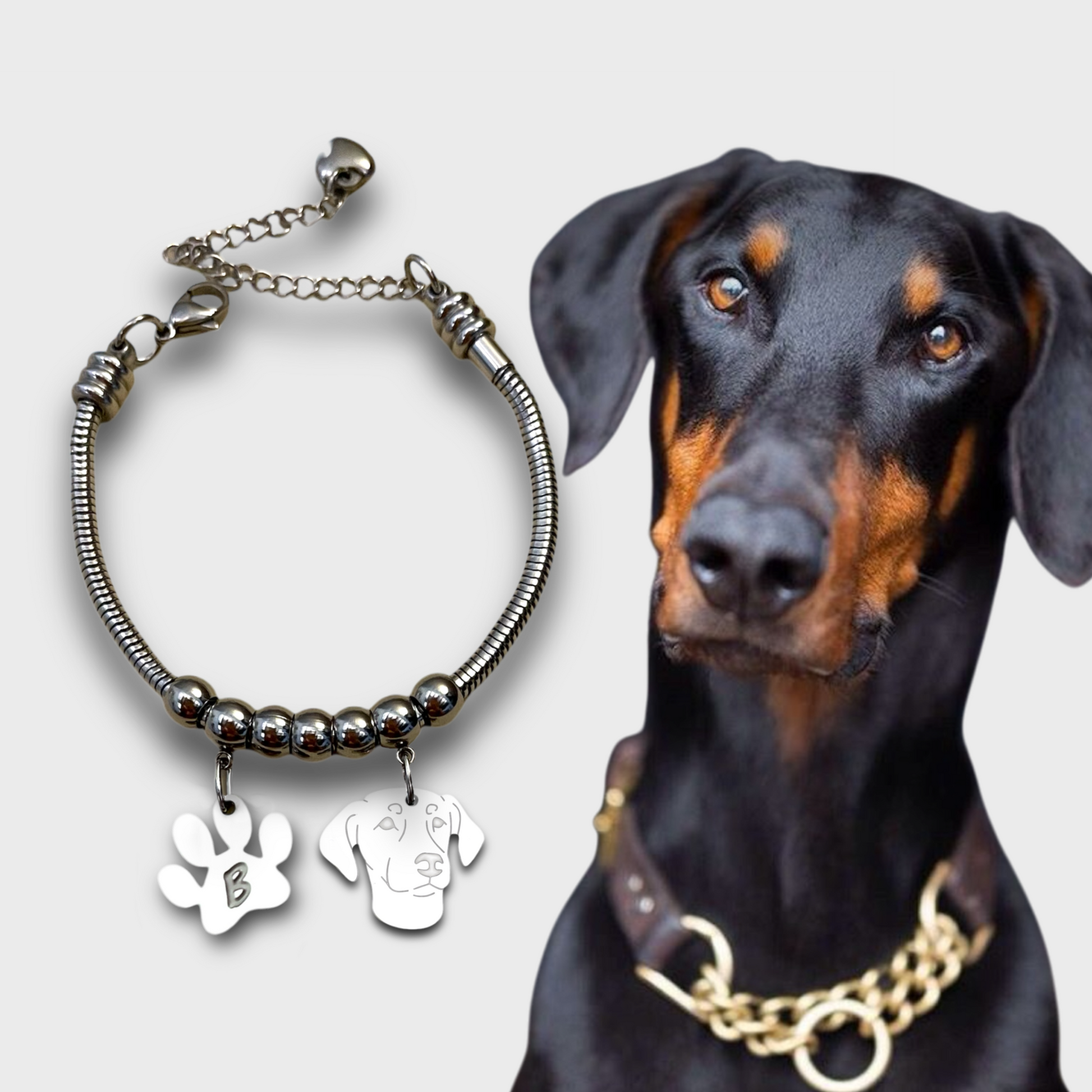 Bracciale Cane Dobermann orecchie basse, ciondolo Dobermann orecchie lunghe - ContrariaBijoux
