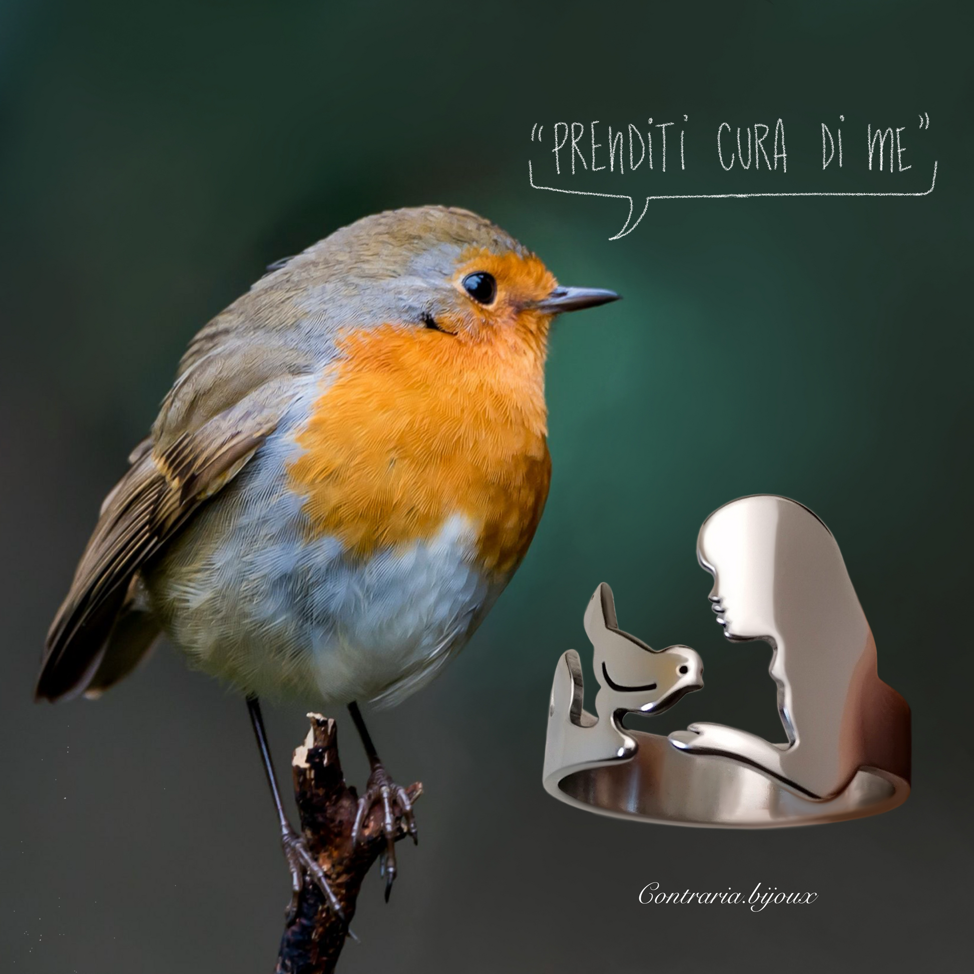 Anello ragazza e pettirosso / anello pettirosso / anello uccellino - ContrariaBijoux