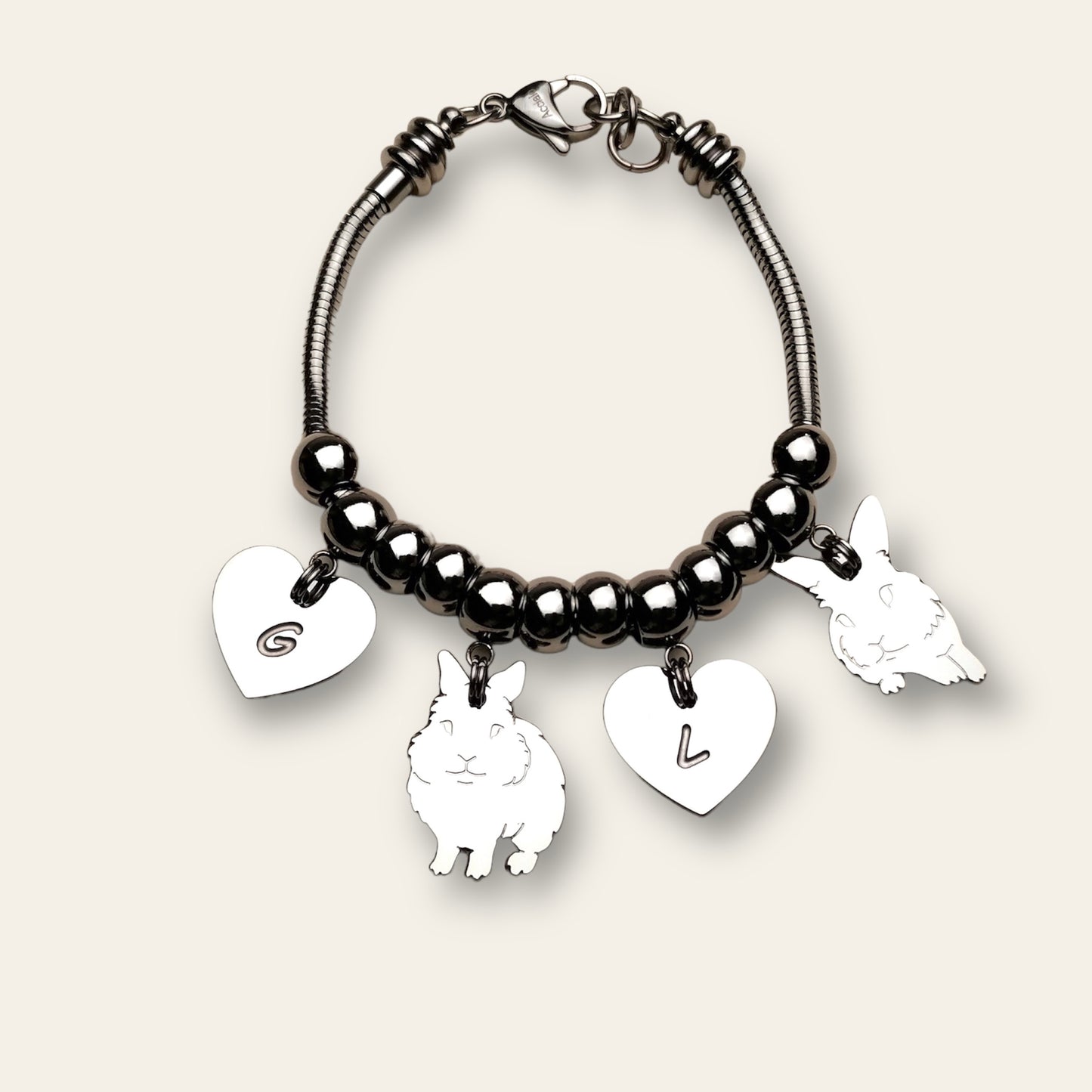 Bracciale coniglio Testa di Leone e cuore con iniziale incisa - ContrariaBijoux