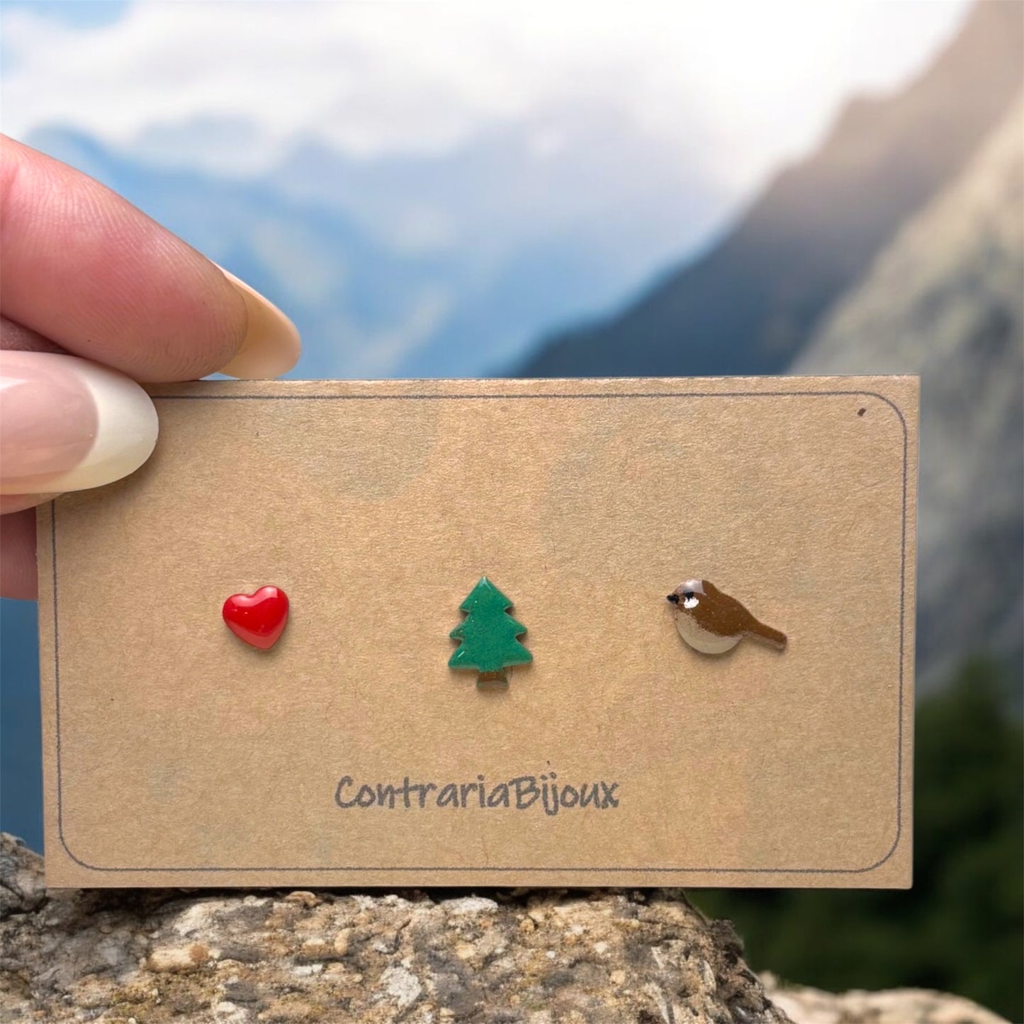 Orecchini Tris :  passerotto , abete e cuore - ContrariaBijoux