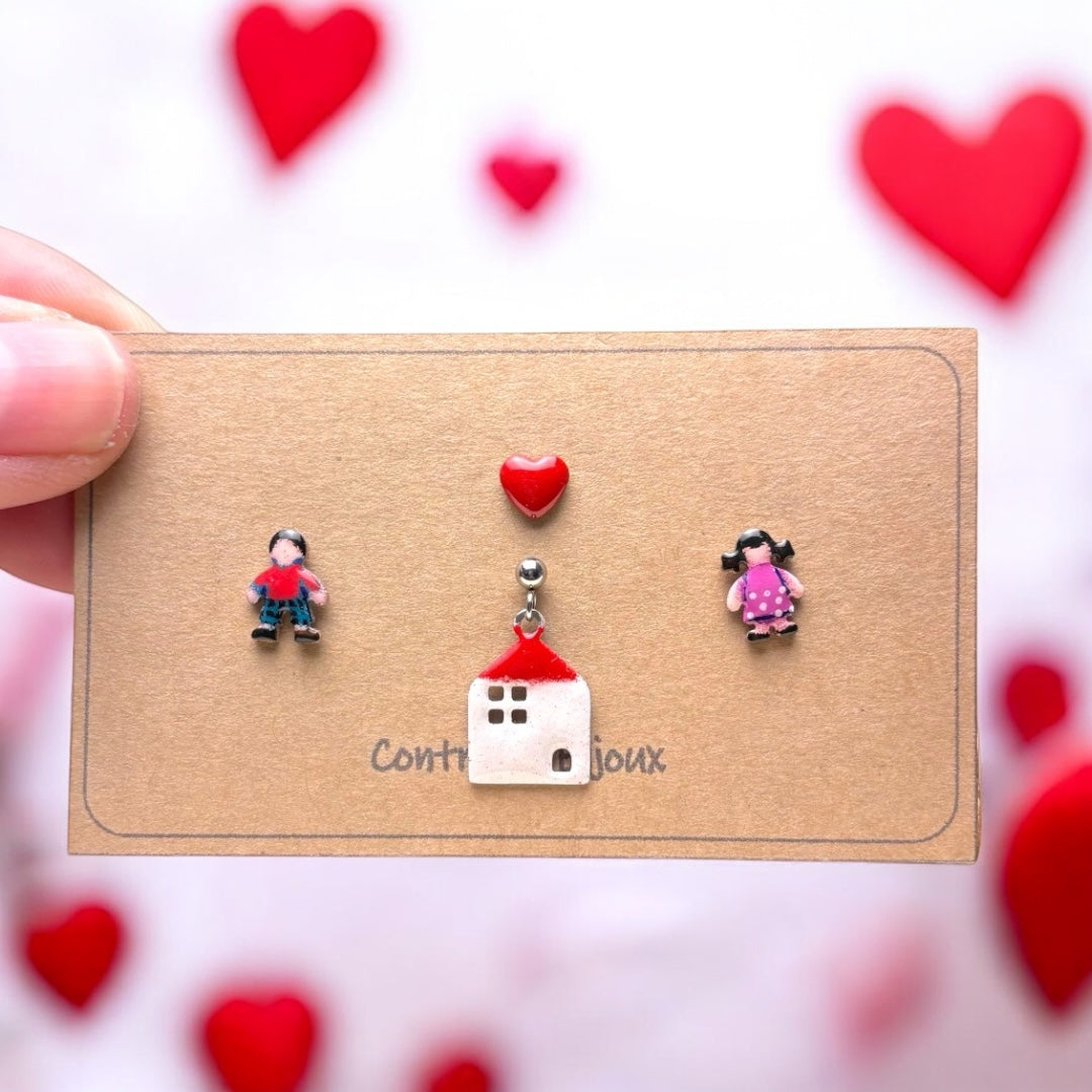 Orecchini mini : coppia innamorati lui e lei con cuore e casetta - ContrariaBijoux