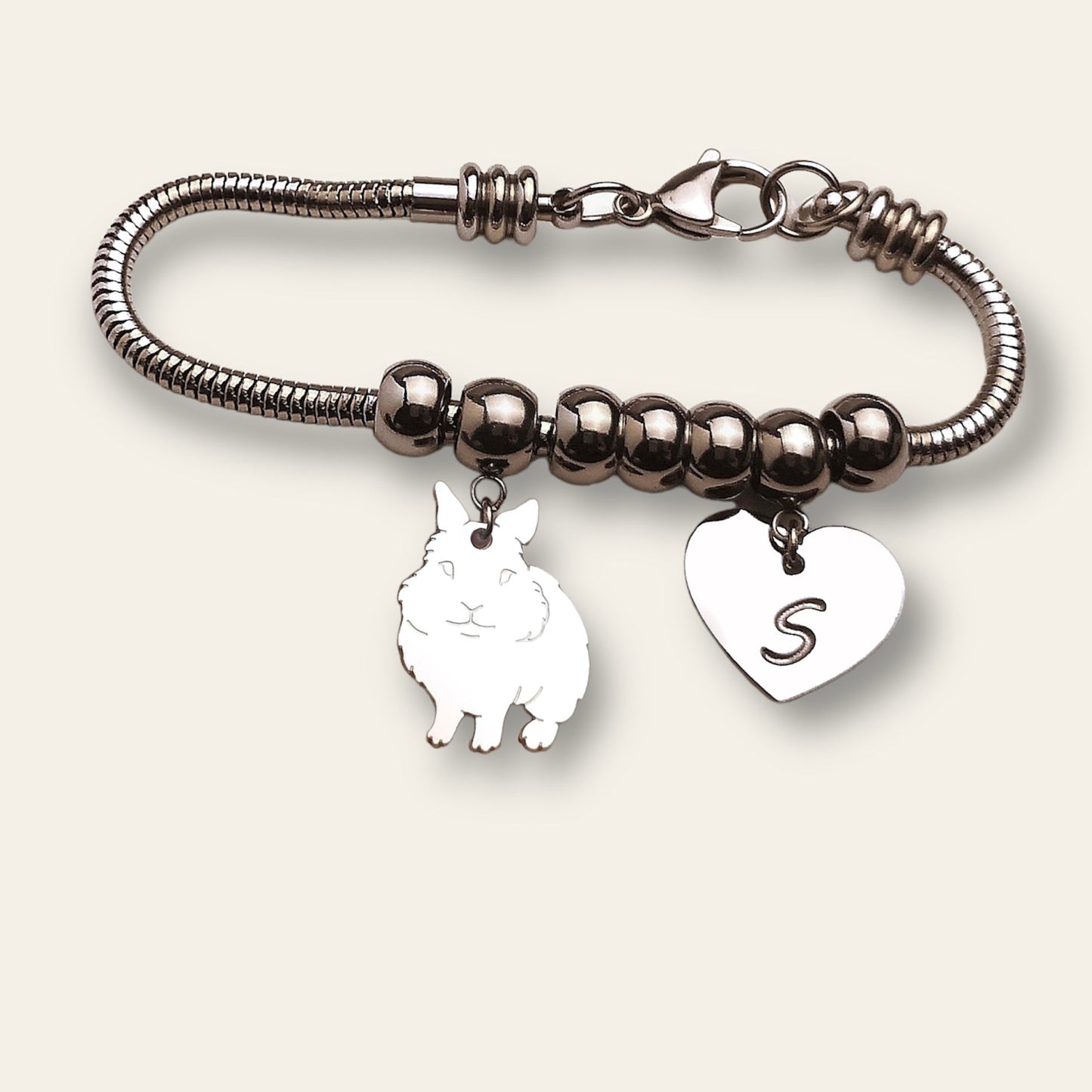 Bracciale coniglio Testa di Leone e cuore con iniziale incisa