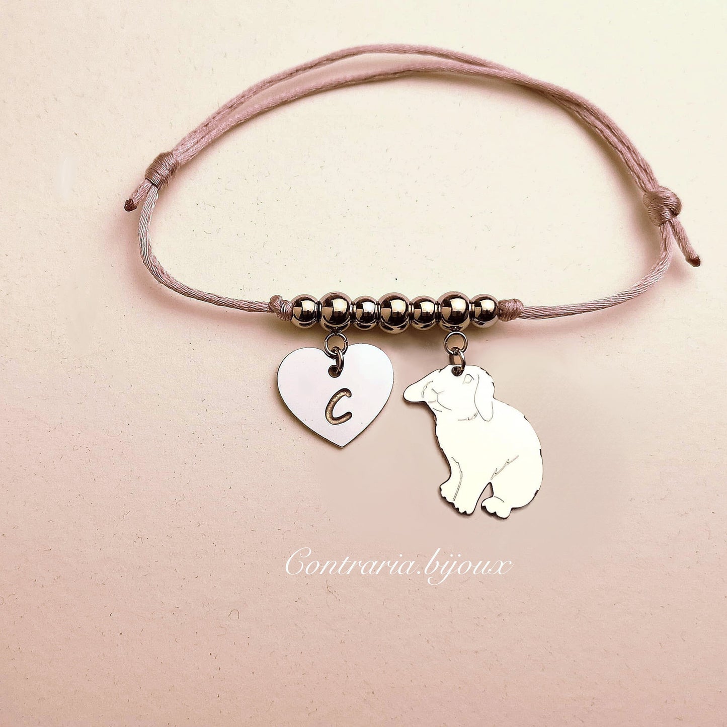 Bracciale Coniglio Ariete e ciondolo cuore con iniziale incisa