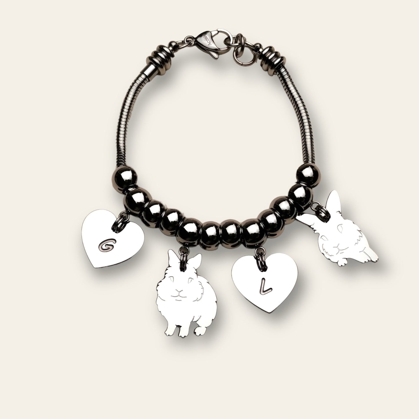 Bracciale coniglio Testa di Leone e cuore con iniziale incisa