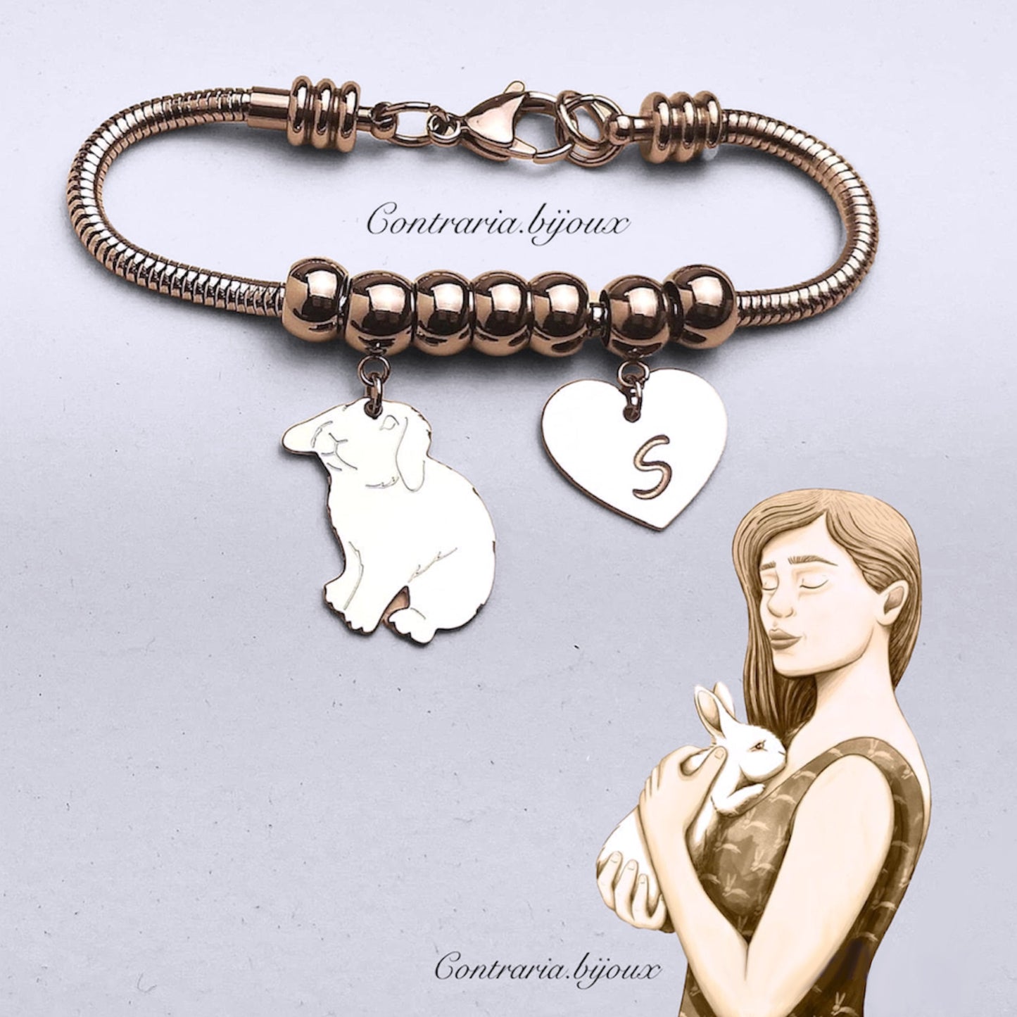 Bracciale Coniglio Ariete e ciondolo cuore con iniziale incisa