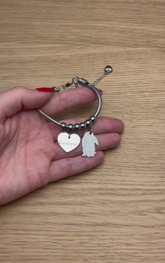 Bracciale Coniglio Ariete e cuore con iniziale incisa, bracciale ciondolo coniglio ariete