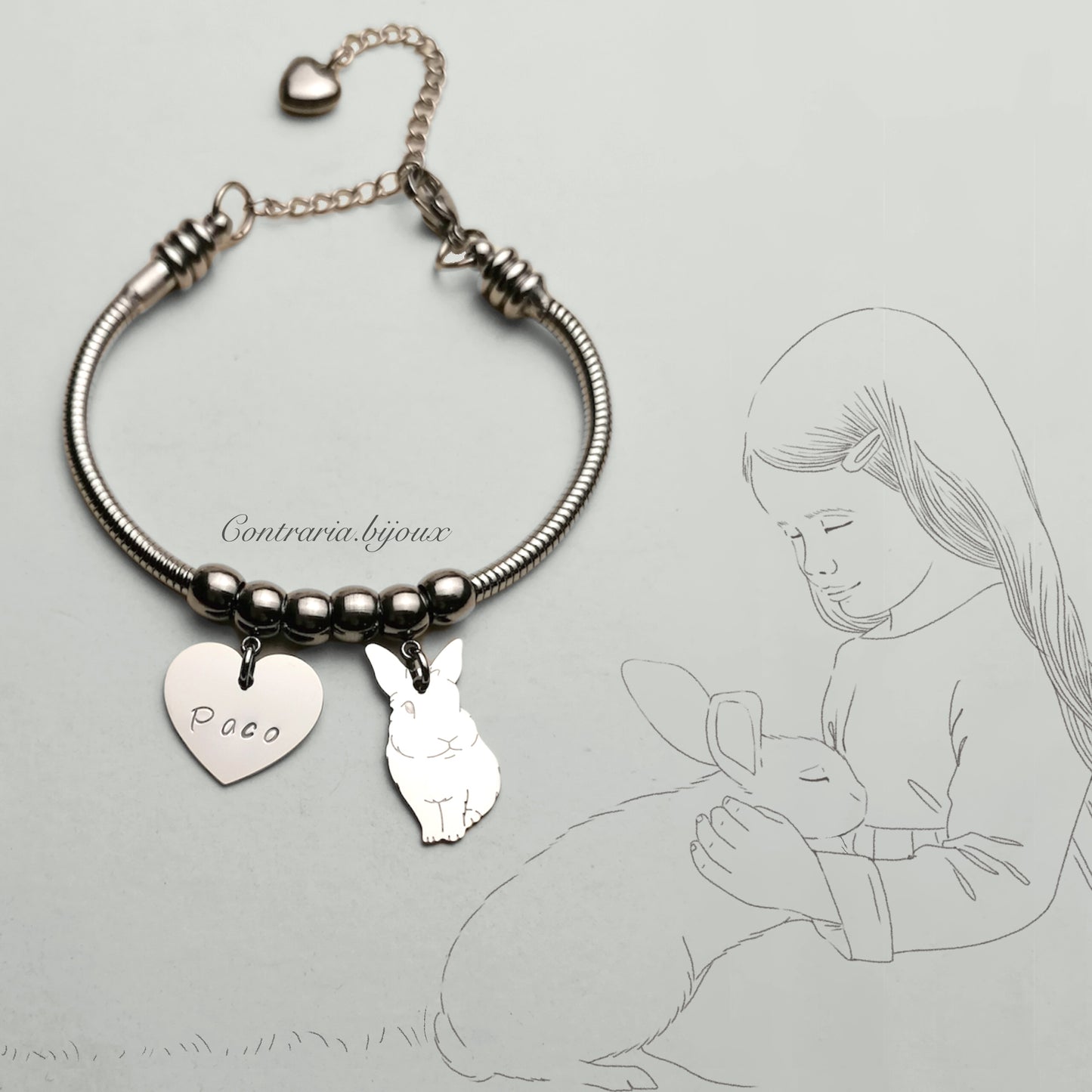 Bracciale Coniglio e ciondolo cuore con iniziale incisa - ContrariaBijoux