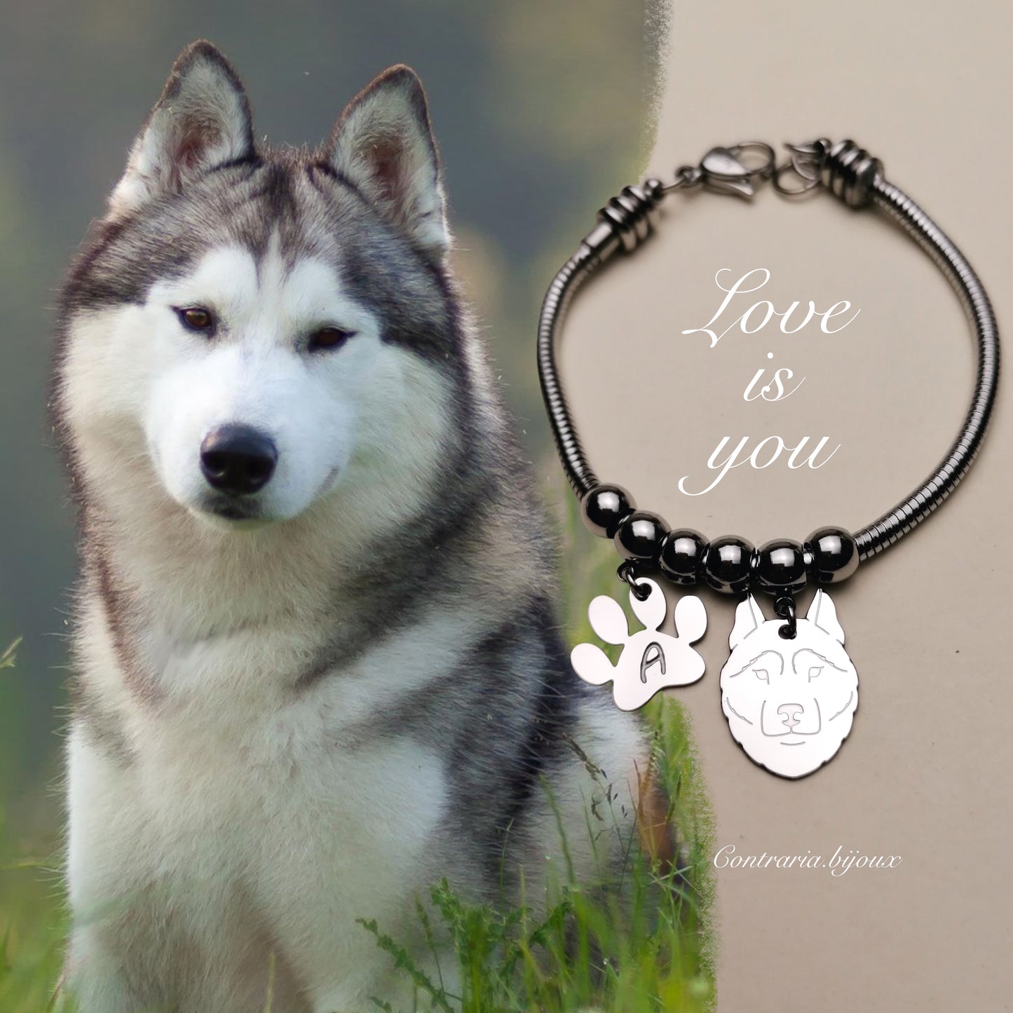 Bracciale Cane Husky e zampa con iniziale incisa