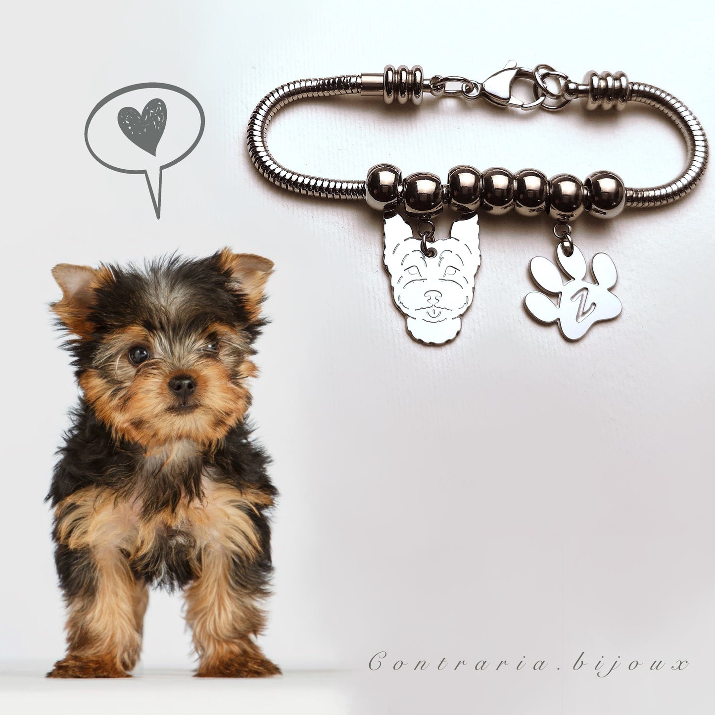 Bracciale cane Yorkshire e zampa con iniziale incisa