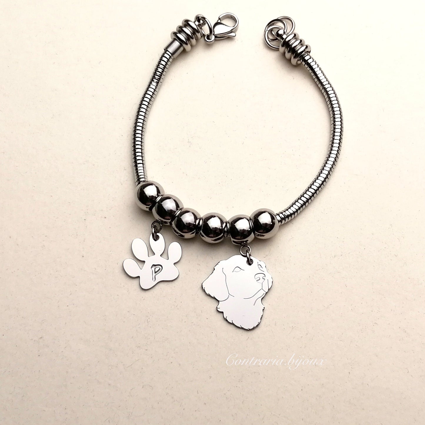 Bracciale cane Golden Retriever e zampa con lettera incisa