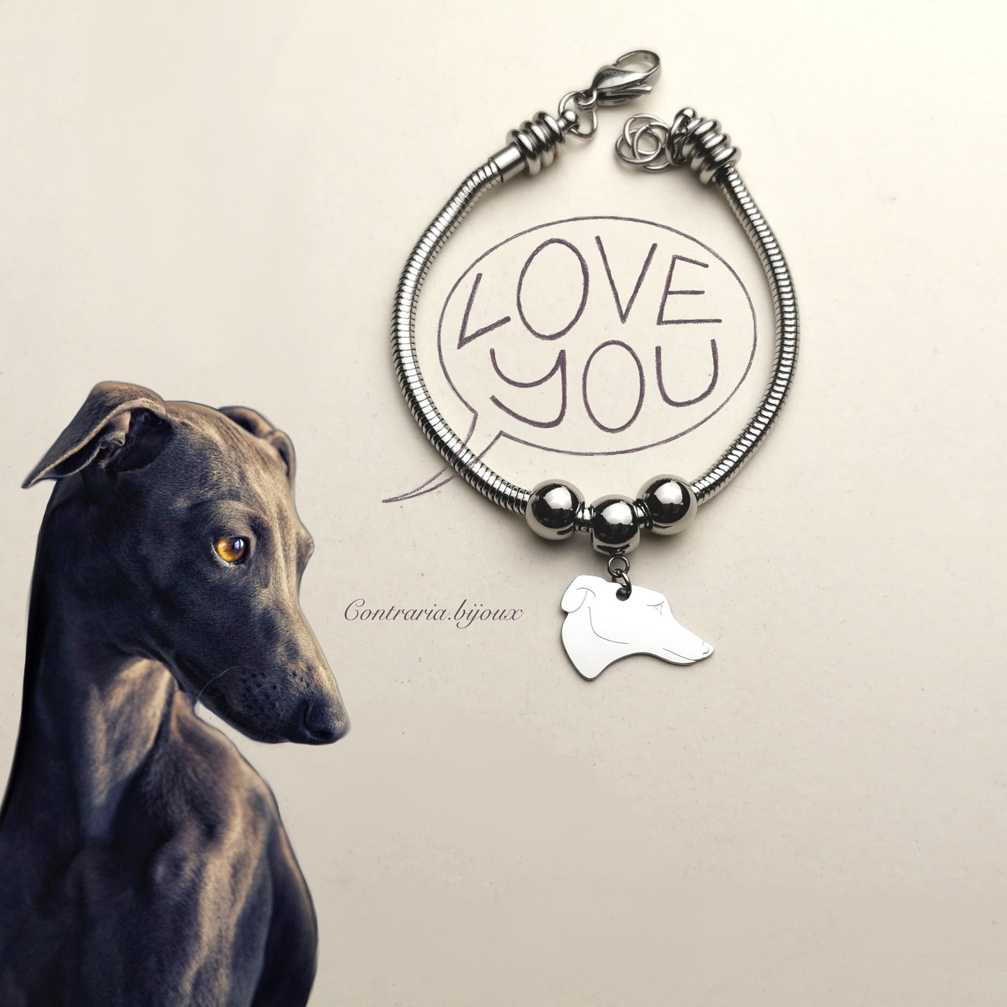 Bracciale Cane Levriero e zampa con iniziale incisa