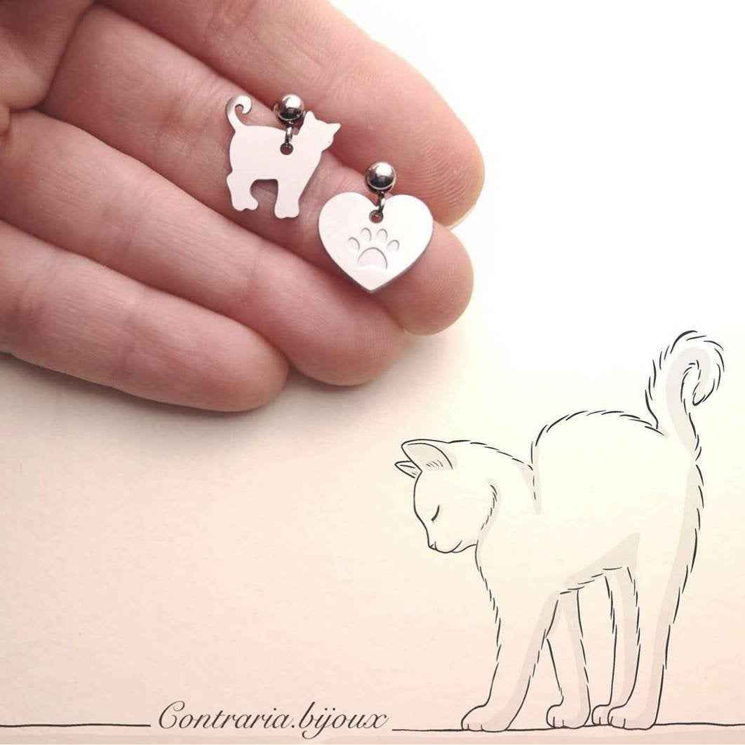 Orecchini gatto e cuore con zampa , orecchini a forma di gatto , orecchini in acciaio
