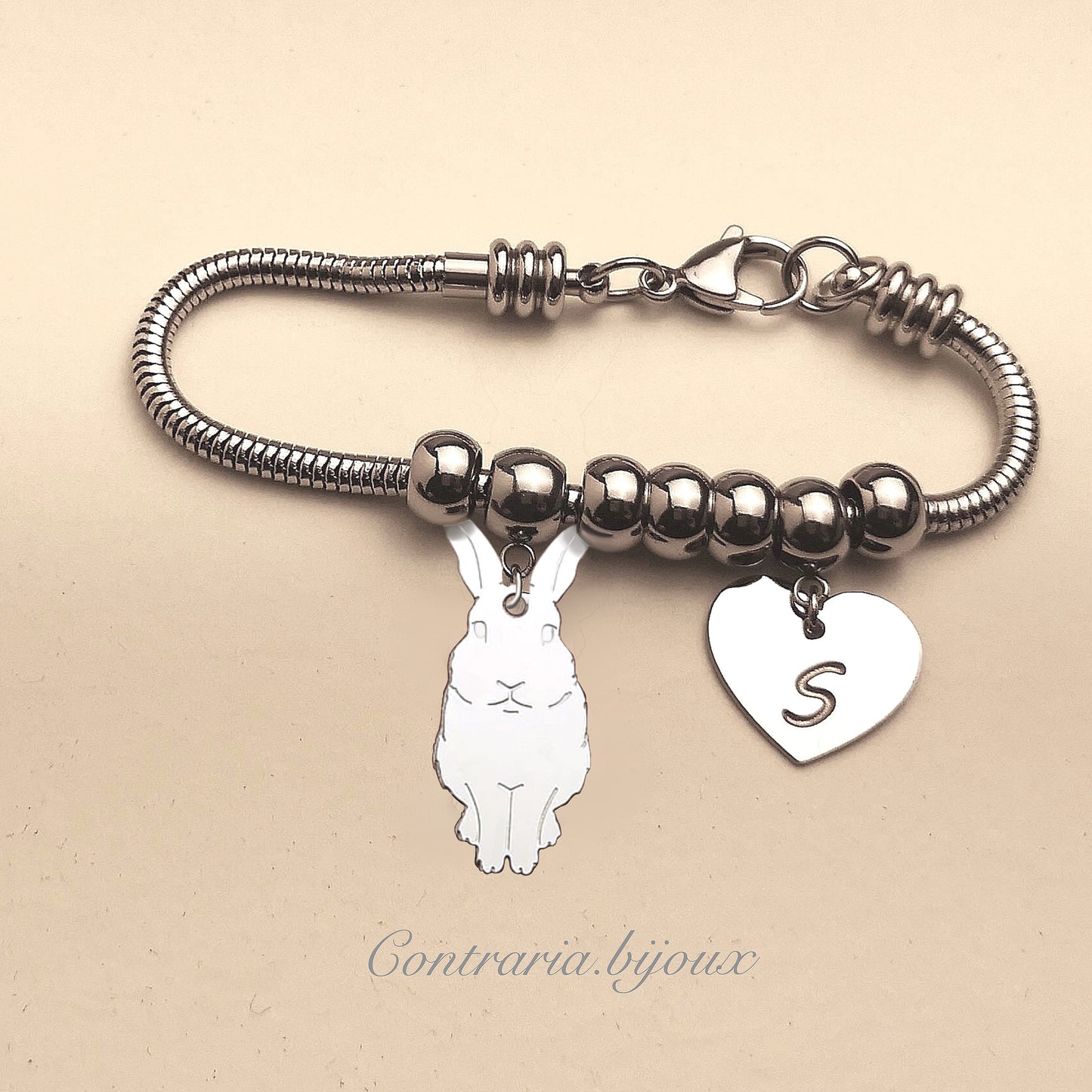 Bracciale Coniglio XL / Lepre e ciondolo cuore con iniziale incisa - ContrariaBijoux