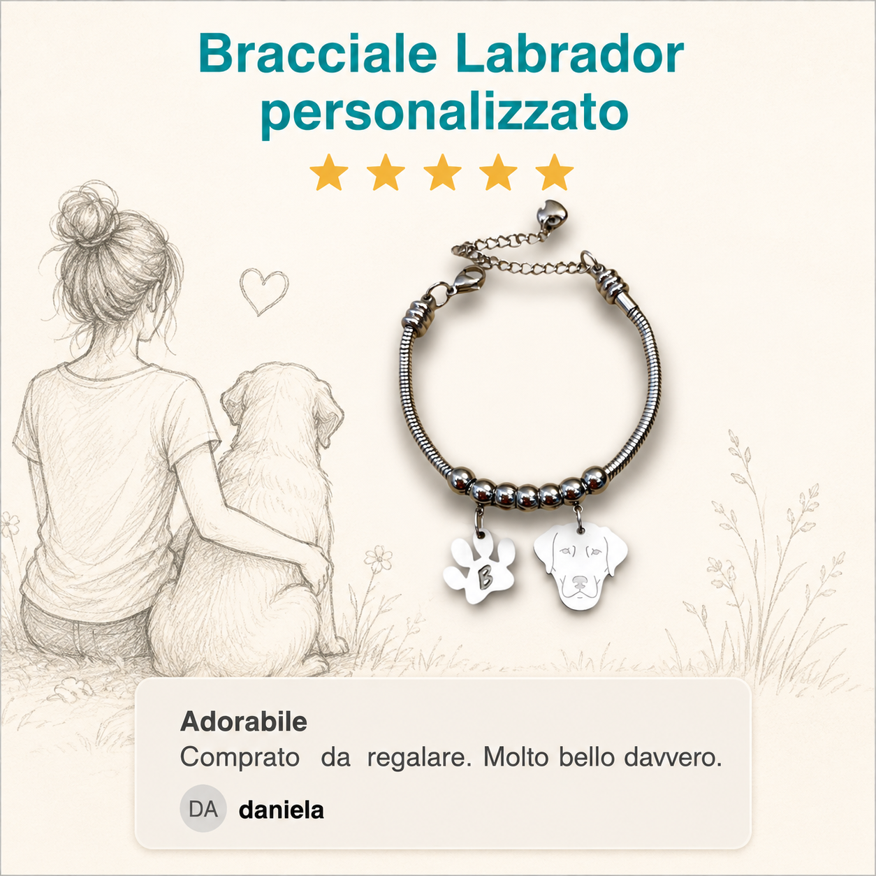 Bracciale Labrador personalizzato in argento con incisione, elegante gioiello ContrariaBijoux per donna