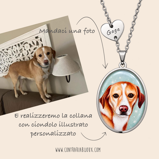 Collana illustrata personalizzata ContrariaBijoux con disegno di quattrozampe, catena argentata e pendente decorativo.