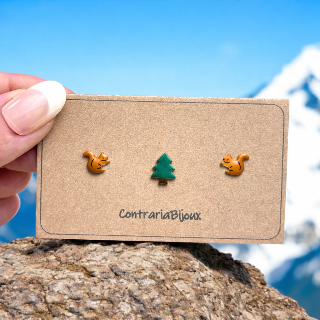 orecchini scoiattolo abete fungo - Design Unico e Creativo - ContrariaBijoux