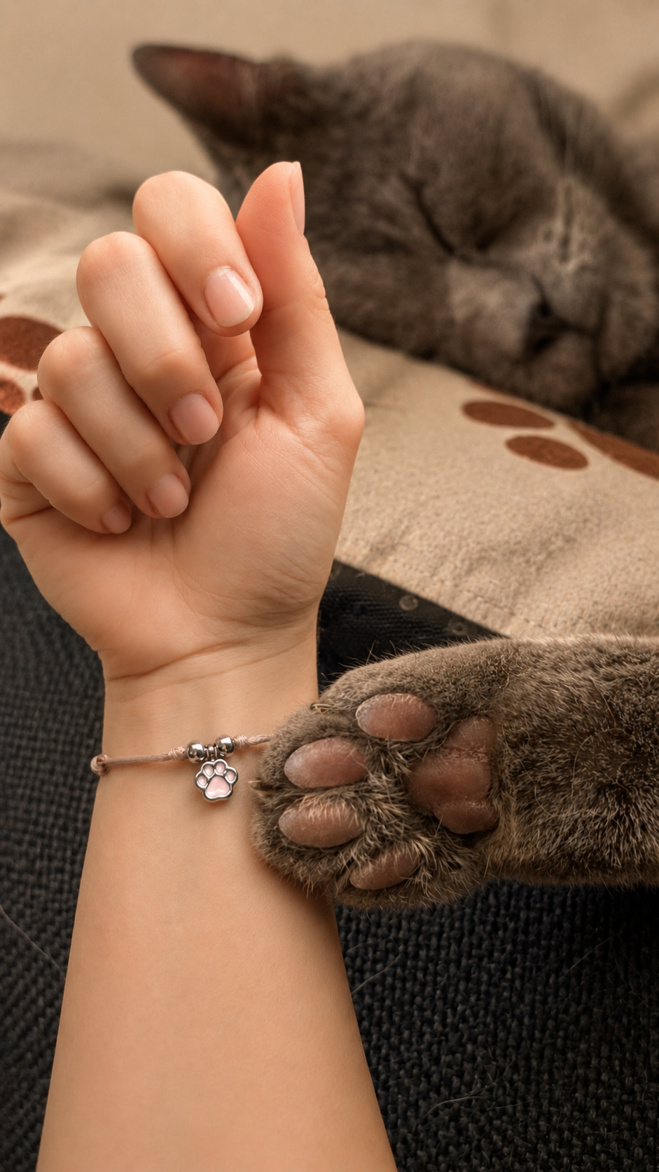 Bracciale cordino con ciondolo zampetta gatto smaltata