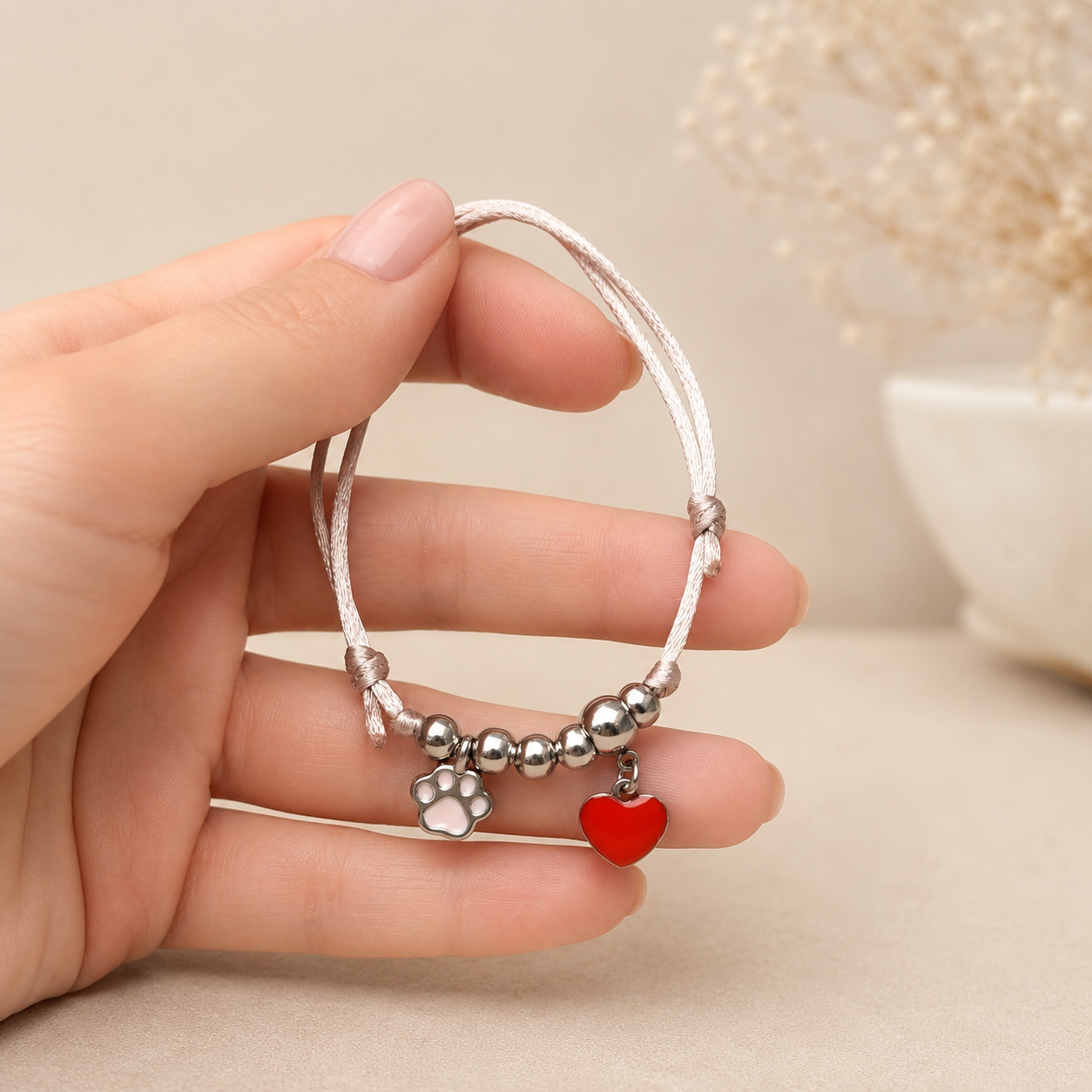 Bracciale cordino con ciondolo zampetta gatto smaltata