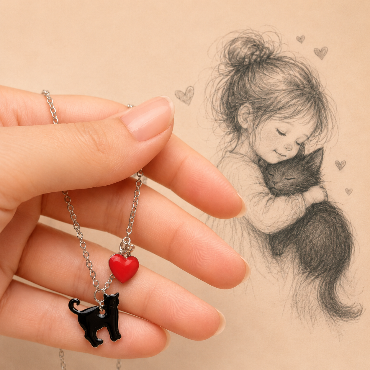 Collana con ciondolo Gatto nero cuore