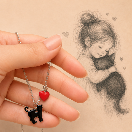 Collana con ciondolo a forma di gatto nero con cuore, gioiello ContrariaBijoux, elegante e delicato accessorio in metallo.