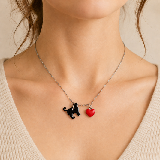 Collana con ciondolo a forma di gatto nero e cuore, gioiello ContrariaBijoux, elegante accessorio in metallo.